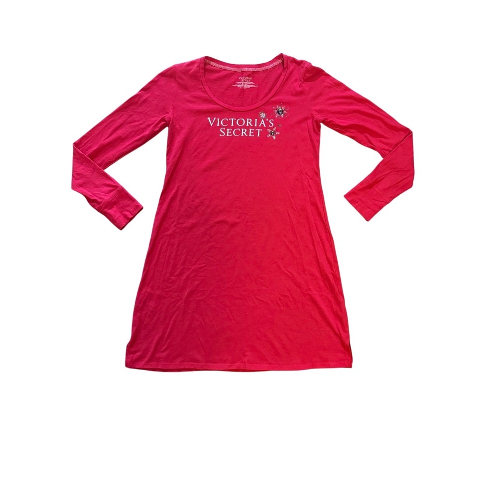 Victoria's Secret Pink‎ Long Sleeve Nightgown Sleep Shirt Logo Rhinestone Small